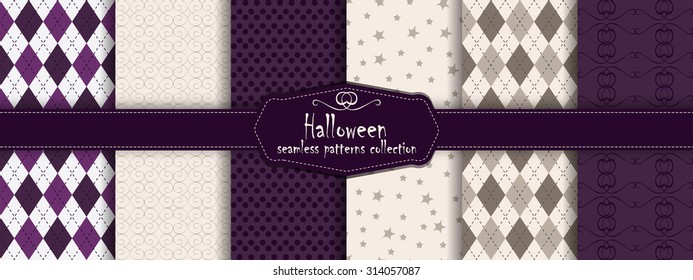 Collection of halloween holidays seamless pattern. Vector illustration. Halloween symbols and attributes. Traditional colors. Background for your design and layout.