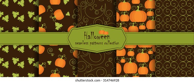 Collection of halloween holidays seamless pattern. Vector illustration. Halloween symbols and attributes. Traditional colors. Background for your design and layout.