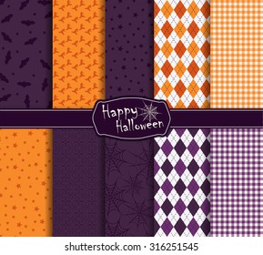 Collection of halloween holidays seamless pattern. Vector illustration. Halloween symbols and attributes. Traditional colors. Background for your design and layout.