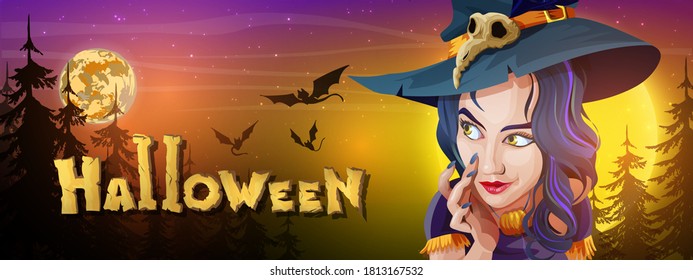 Collection halloween horizontal greeting banner with Halloween night, shining moon, night stars, flying bats and beautiful face witch. Halloween banners with Halloween elements. Cartoon characters