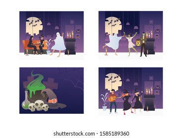 Collection of Halloween horror party illustrations. Flat vector illustrations of cauldron, pumpkin, party, scary. Halloween holiday concept for banner, website design or landing web page