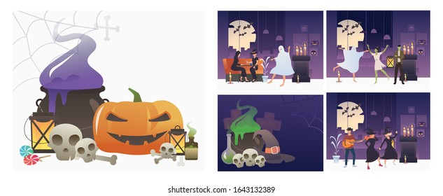 Collection of Halloween horror party illustrations. Flat vector illustrations of cauldron, pumpkin, party, scary. Halloween holiday concept for banner, website design or landing web page