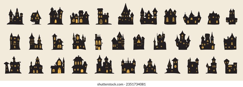 Collection of Halloween houses silhouette with lights windows. Large set of Halloween house in black color with light windows isolated on background. Vector illsutration.