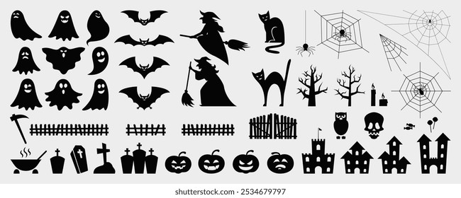 Kollektion von Halloween Ikone und Charakter, Hexe, gruselige und gruselige Elemente für Halloween Dekorationen, Silhouetten, Skizze, Ikone, Aufkleber. Handgezeichnete Vektorgrafik. Vektorsilhouetten