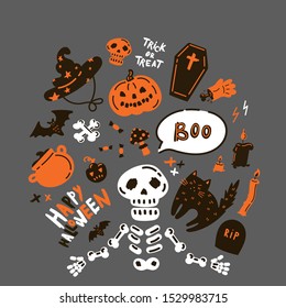 Collection of halloween icon and character.Happy Halloween hand drawn illustrations and elements.Halloween design elements, logos, symbol,icons and objects.Set pumpkin, ghost, cat, bat.Flat, vector
