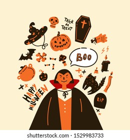 Collection of halloween icon and character.Happy Halloween hand drawn illustrations and elements.Halloween design elements, logos, symbol,icons and objects.Set pumpkin, ghost, cat, bat.Flat, vector
