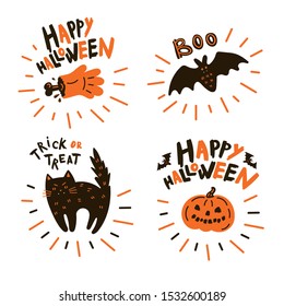 Collection of halloween icon and character.Happy Halloween hand drawn illustrations and elements.Design elements, logos, symbol,icons stickers and objects.Set pumpkin, bat, black cat, zombie with text