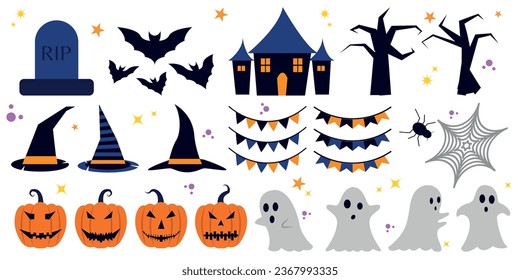 Collection of halloween icon elements. ghost, pumpkin, bat, creepy and spooky decorations. Vector cute illustration in hand drawn style