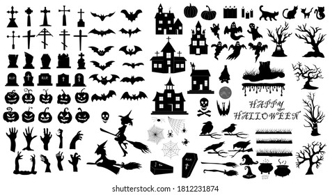 Collection of halloween, icons, black. Set of silhouettes of Halloween on a white background for celebration, template and decoration. Vector illustration.