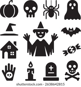 Collection of Halloween Icons in Black Silhouette Style on White Background