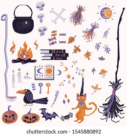 Collection of halloween icons and characters. Set of vector illustration of cat, bat, spider, broom, herbs, creepy and spooky elements for halloween 