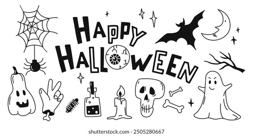 Colección de iconos y personajes de Halloween, objetos espeluznantes. Fantasma, calabaza, araña, hueso, veneno, cráneo, vela, murciélago, luna. Página para colorear de Halloween. Vector de doodle dibujado a mano