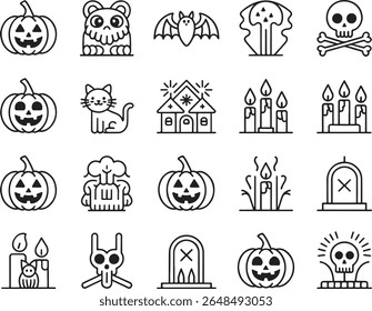 Uma Coleção de Ícones de Halloween Retratando Abóboras, Crânios, Gatos, Velas, Casas Assombradas e Outros Símbolos Assustadores