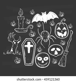 Collection of halloween icons or elements using hand drawing style on chalkboard background