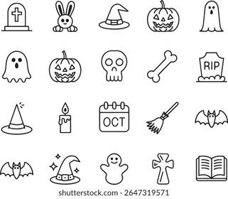 Collection of Halloween Icons Featuring Pumpkins, Ghosts, Bats, Tombstones, and Other Spooky and Festive Symbols