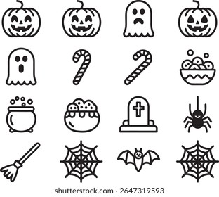 Coleção de ícones de Halloween com abóboras, fantasmas, doces bengalas, caldeirões, lápides, aranhas, morcegos, teias de cobra e vassouras bruxas