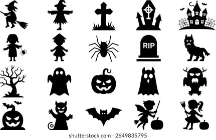 Collection of halloween icons featuring spooky characters and symbols silhouette
