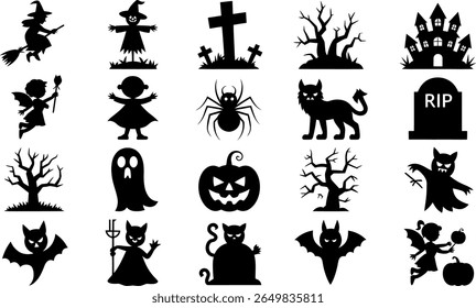 Collection of halloween icons featuring witches ghosts pumpkins and spooky creatures silhouette