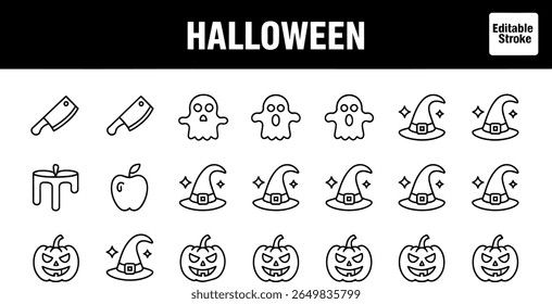 Collection of halloween icons including pumpkins ghosts witches hats and cleavers silhouette
