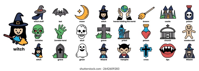 A collection of Halloween icons including witches, ghosts, vampires, and skulls. The icons are arranged in a row, with the first icon being a witch flying on a broomstick
