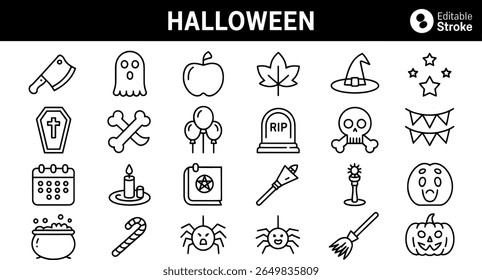 Collection of halloween icons in simple outline style silhouette