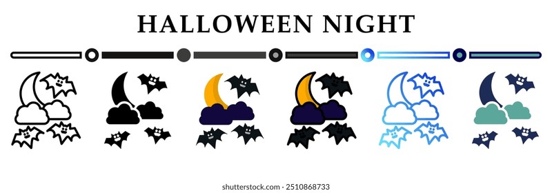 Collection of halloween icons in variety of styles. Bats flying on cloudy sky with moon. Halloween sweets. Happy Halloween. 