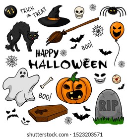 Collection of halloween illustrations and character on white background. Witch, creepy and spooky elements for halloween decorations, silhouettes, sketch, sticker. Hand drawn vector illustration.
