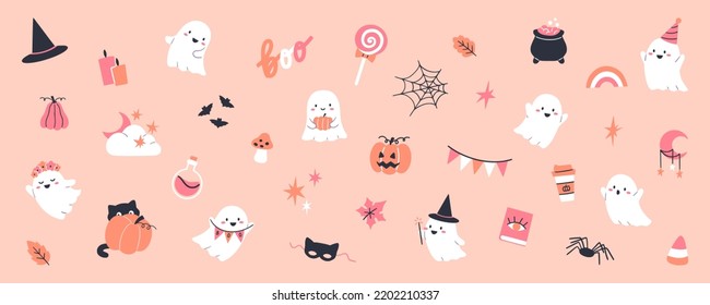 Sammlung von Halloween-Illustrationen mit Gespenstern, Kürbissen, Fledermäusen und anderen traditionellen Dekorationen. Vektorbanner-Design