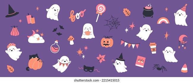 Colección de ilustraciones de Halloween con fantasmas, calabazas, murciélagos y otras decoraciones tradicionales. Diseño de pancartas vectoriales