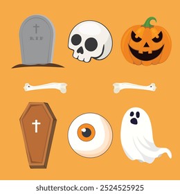 Uma coleção de itens de Halloween Grave Pumpkin Coffin Eye Ghost Skull Bone ilustração vetor.
