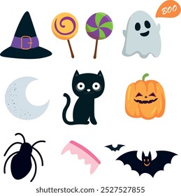 a collection of halloween items including a black cat, a pumpkin, a ghost, candies, a hat, a moon, a bat, teeth, a spider