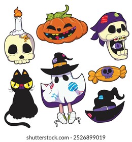 Una colección de objetos de Halloween que incluyen un gato, una bruja y un fantasma.