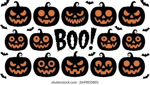 Collection of halloween jack o lanterns and bats with boo text silhouette
