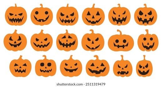 Coleção de Halloween Jack-O'-Lantern Pumpkin Faces | Ilustrações de vetor assustador e divertido de abóboras esculpidas em várias expressões | Perfeito para projetos de Halloween, decorações e projetos festivos