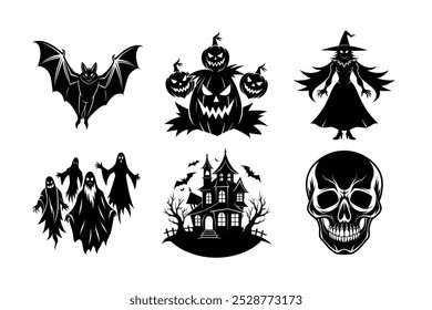 Colección de Halloween Jack-o'-lanterns Fantasmas Murciélago Esqueleto volador Bruja Casa embrujada ilustración Vector silueta