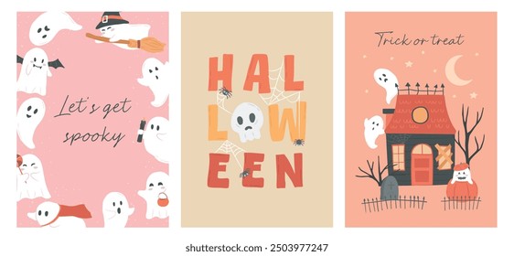 Collection of Halloween lettering and ghost posters vector illustration