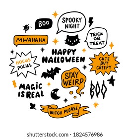 Collection Halloween lettering inscriptions with cat, bat, moon, and stars. Beautiful print for sticker, patch, poster, t-shirt, mug etc. Graphic vector illustration.