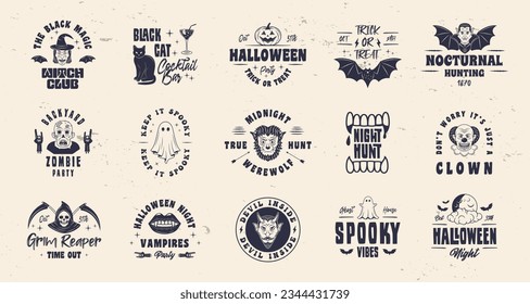 Collection of halloween logo, badges and labels. Halloween signs set for poster, emblem, party invitation designs. Print for t-shirt, tee. 15 spooky logo designs. Vector illlustration