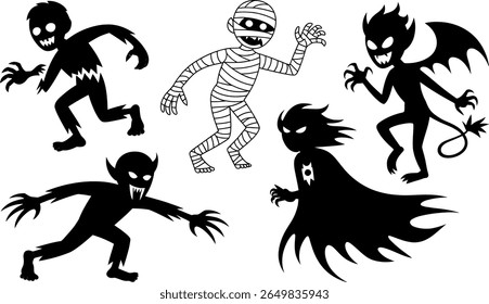 Collection of halloween monsters and creatures in a bold black silhouette style