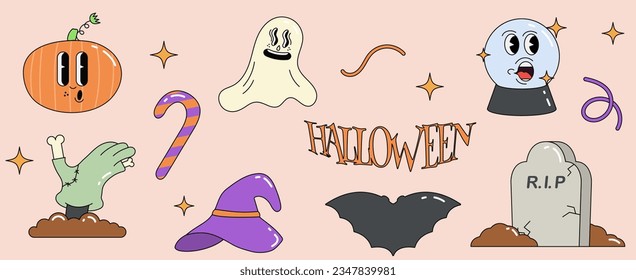 Collection of halloween object. Collection of vintage groovy halloween colorful elements and characters. Hippie 70s style of bat, zombie hand, ghost, candy. Vector illustration