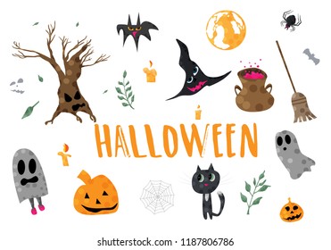 Collection of Halloween objects and characters and handwritten lettering isolated. Elements for poster, card flyer, social media and holiday design. Set of simple party items. Vector illustration.