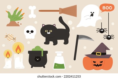 Collection of Halloween objects. flat design style vector illustration.