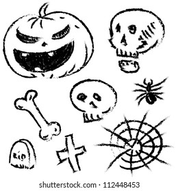 Collection of halloween objects isolated on white background. Hand drawing sketch vector illustration