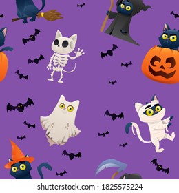 Collection of Halloween on backgraund characters cats. Cats are dressed in a witch, pumpkin, ghost, zombie, skeleton, death costume. Halloween outfit collection. Vector illustration