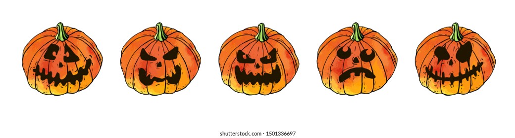 Collection of halloween orange autumn pumpkins with scary monster faces. Vector stock set. Cute cartoons with watercolor texture. Food background. Hand drawn design elements. For postcards, greetings 