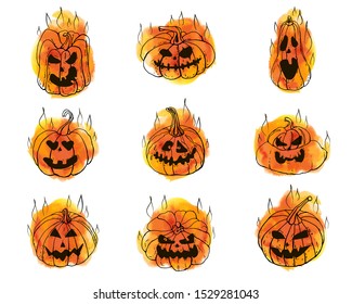 Collection of halloween orange autumn pumpkins with scary monster faces in fire. Vector set. Cartoons with watercolor texture. Holiday background. Hand drawn design elements. For postcards, greetings 