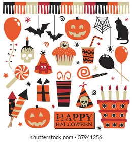 collection of halloween party objects with pumpkins cake balloons gifts and decorations