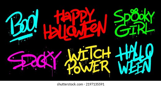 Collection for Halloween party. Spooky girl, witch power, boo. Urban graffiti style with leaking, drop. Neon colors. Artwork for street wear, tee, bomber jackets, hoodie. Nostalgia for 1980s-1990s.