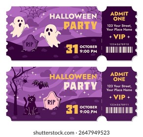 Collection of Halloween party tickets template. Hand drawn ghost, black cat and bats. Night sky background with clouds, stars, tree, web. Admit one holiday invitation coupon set. Vector illustration.
