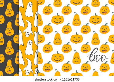 Collection of halloween patterns with angry pumpkins and ghosts.Seamless patterns perfect for prints,parties,flyers,postcards,fabric,wrapping paper and more.Vector halloween backgrounds.